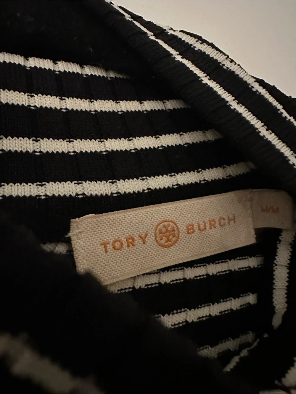 Tory Burch Black & White Striped Mock Neck Sweater